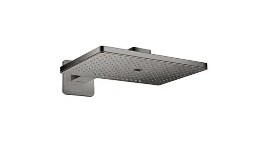 Kopfbrause mit quadratischer Form und feinen Düsen, montiert an einem Wandarm. Oberfläche in Polished Black Chrome, von der Marke AXOR.